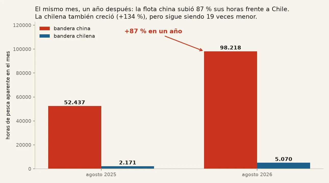 Barras de agosto de 2025 y agosto de 2026: horas chinas 52.437 y
       98.218; horas chilenas 2.171 y 5.070.