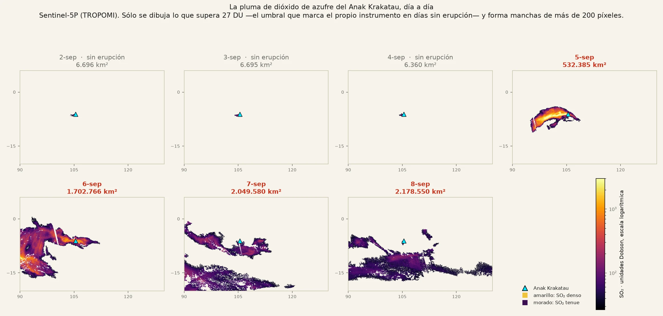 Siete mapas del sudeste asiático, uno por día. Los tres primeros, sin erupción,
       muestran sólo un punto sobre el volcán. Del 5 al 8 de septiembre aparece una mancha
       que crece hasta cubrir buena parte del mapa.