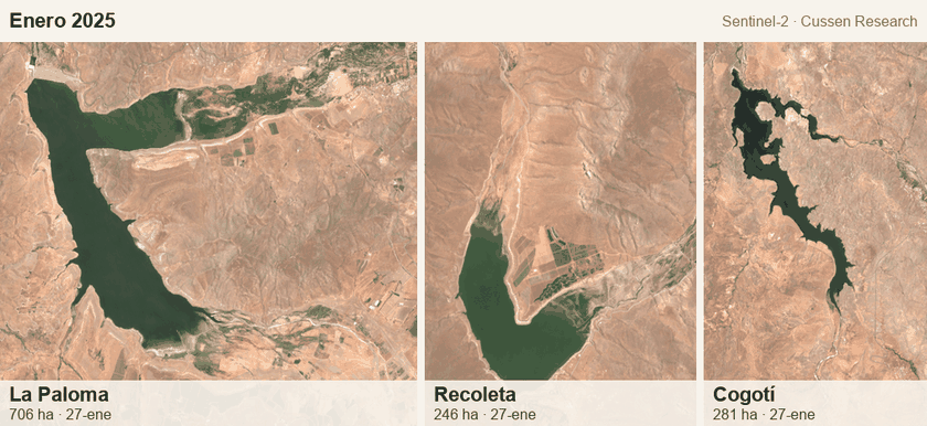 Animación mes a mes de los embalses La Paloma, Recoleta y Cogotí vistos desde el satélite, lado a lado, desde
       enero de 2025: los tres se achican durante 2025 y comienzos de 2026 y se expanden de golpe en agosto de 2026.
       Cada panel indica las hectáreas de agua.