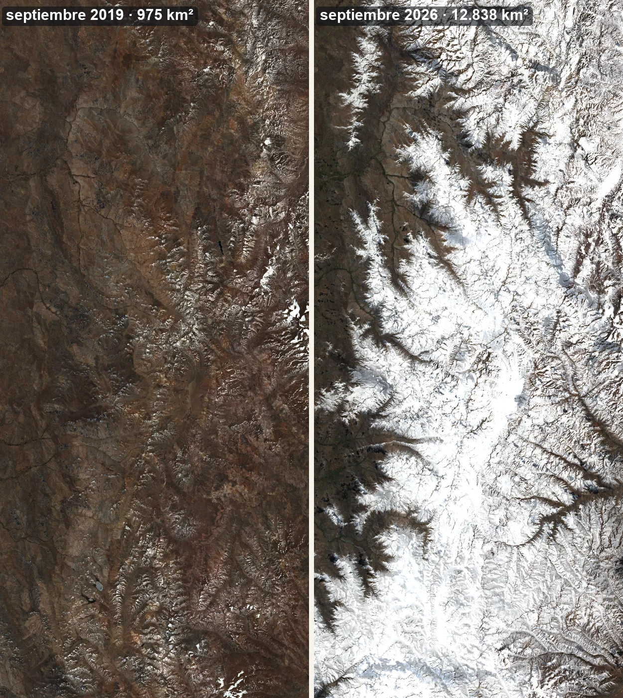 Dos imágenes satelitales de la misma cordillera: a la izquierda, septiembre de 2019, casi toda parda con
       nieve sólo en las cumbres; a la derecha, septiembre de 2026, blanca de norte a sur.