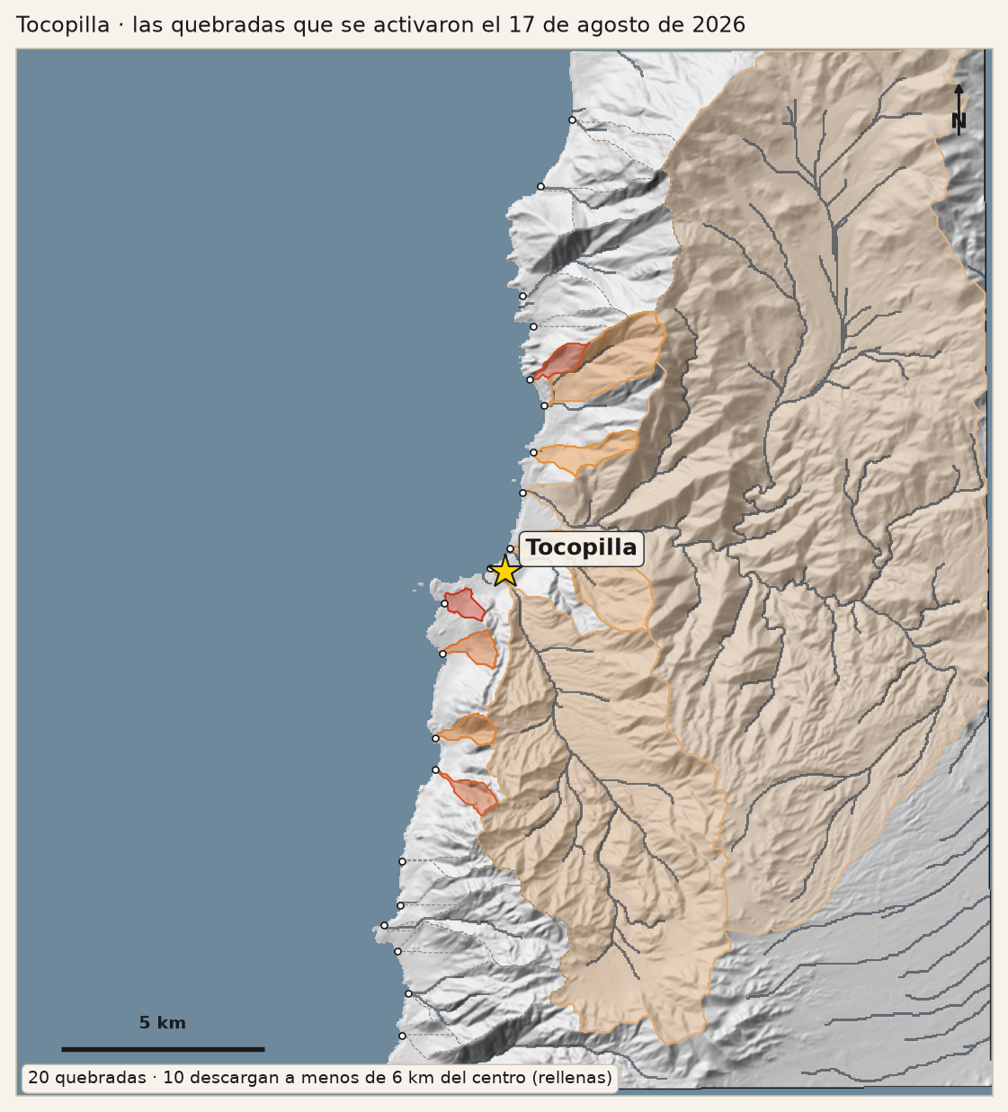 Mapa de relieve sombreado de Tocopilla con las quebradas que
       desembocan sobre la ciudad delineadas y coloreadas.