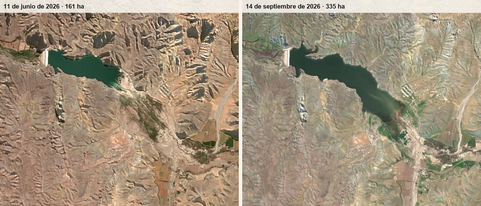 Dos imágenes satelitales lado a lado del embalse Puclaro: a la izquierda en su mínimo,
       con poca agua junto a la cortina; a la derecha la última imagen, con el espejo de agua
       extendido valle arriba.