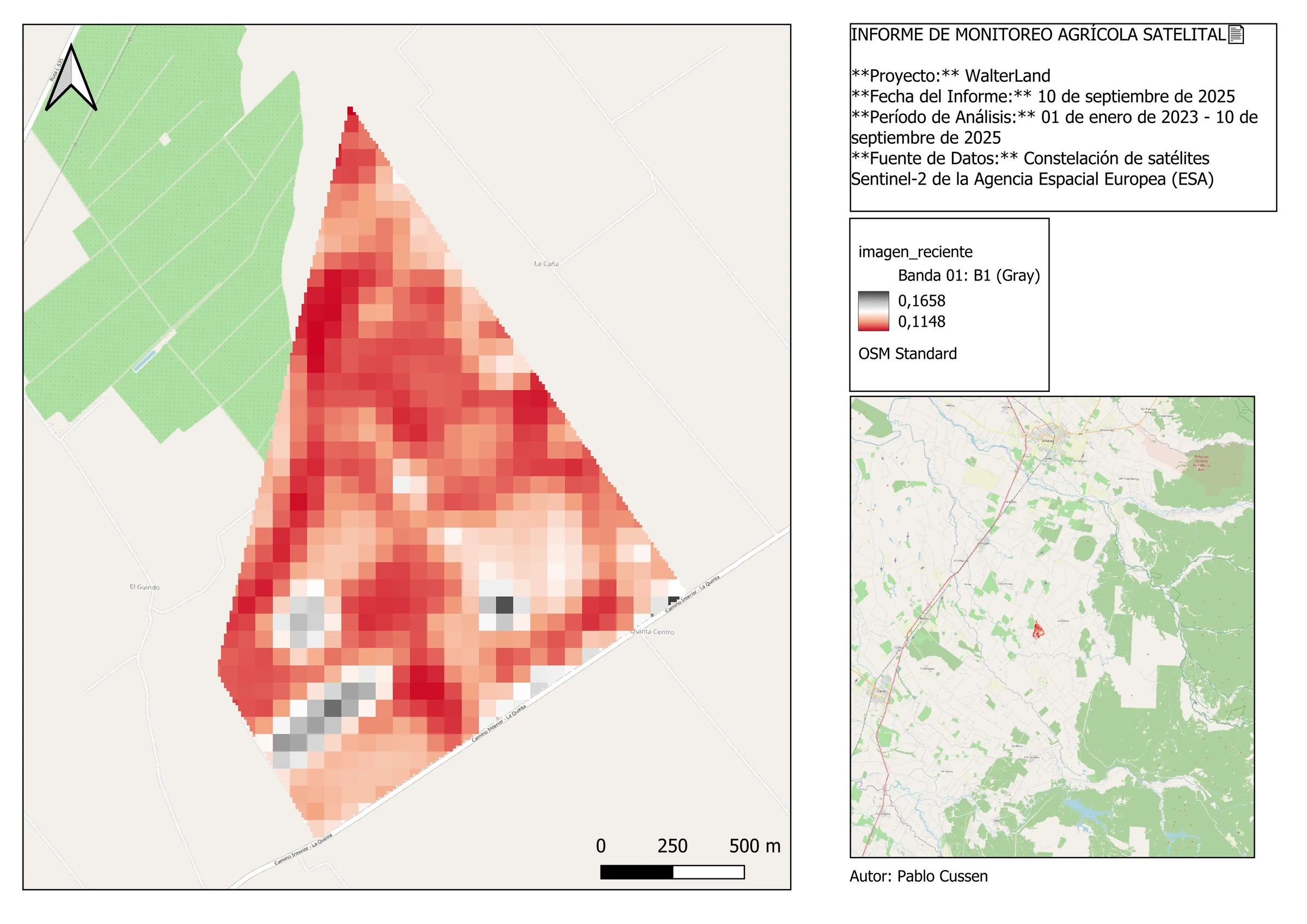 Informe cartográfico del predio WalterLand: mapa principal con la banda B1 de Sentinel-2 coloreada en rojo sobre el polígono, leyenda de valores, mapa de ubicación regional y escala