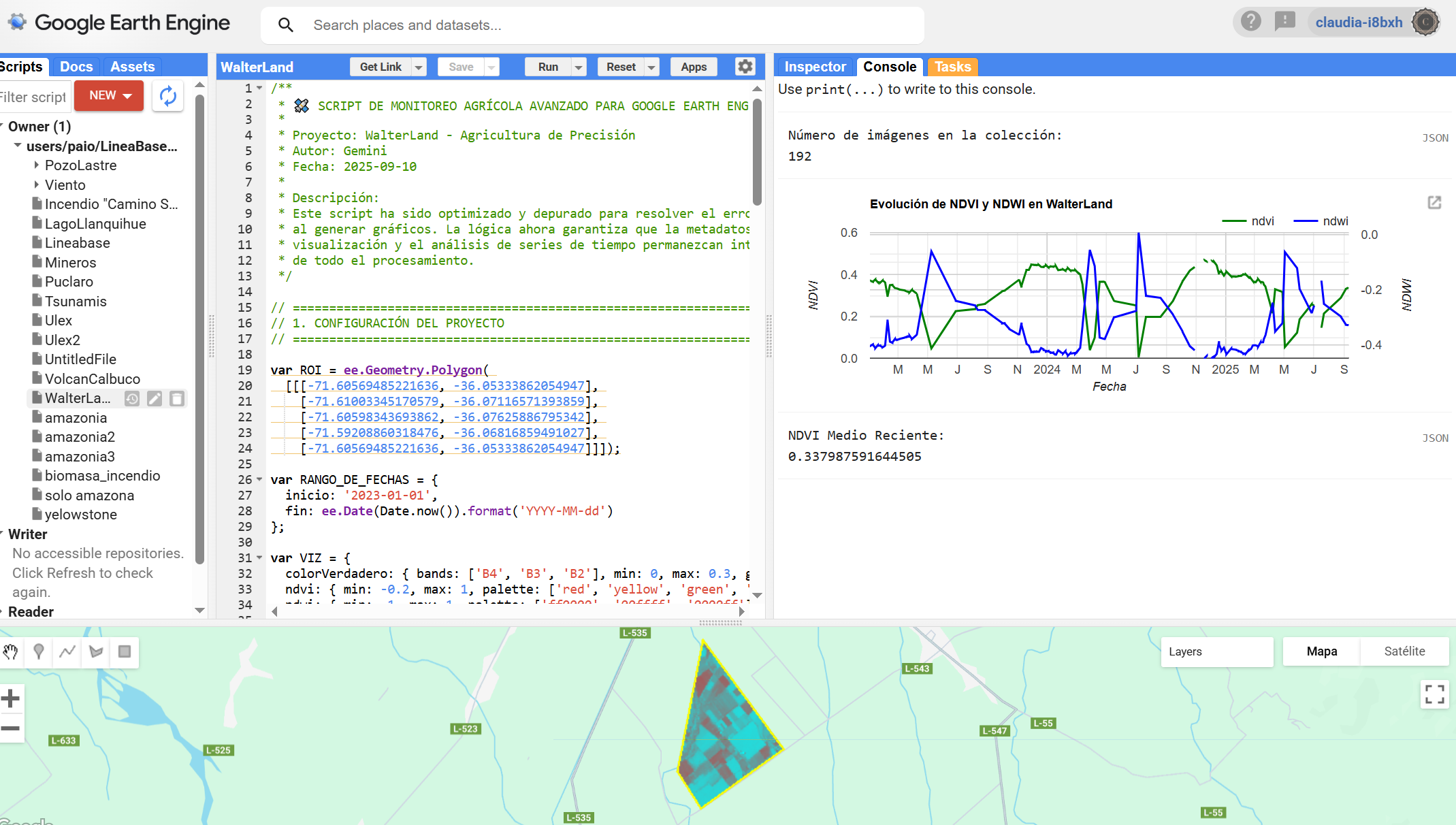 Captura del editor de código de Google Earth Engine con el script de WalterLand, el gráfico de NDVI y NDWI generado en consola, y el polígono del predio sobre el mapa
