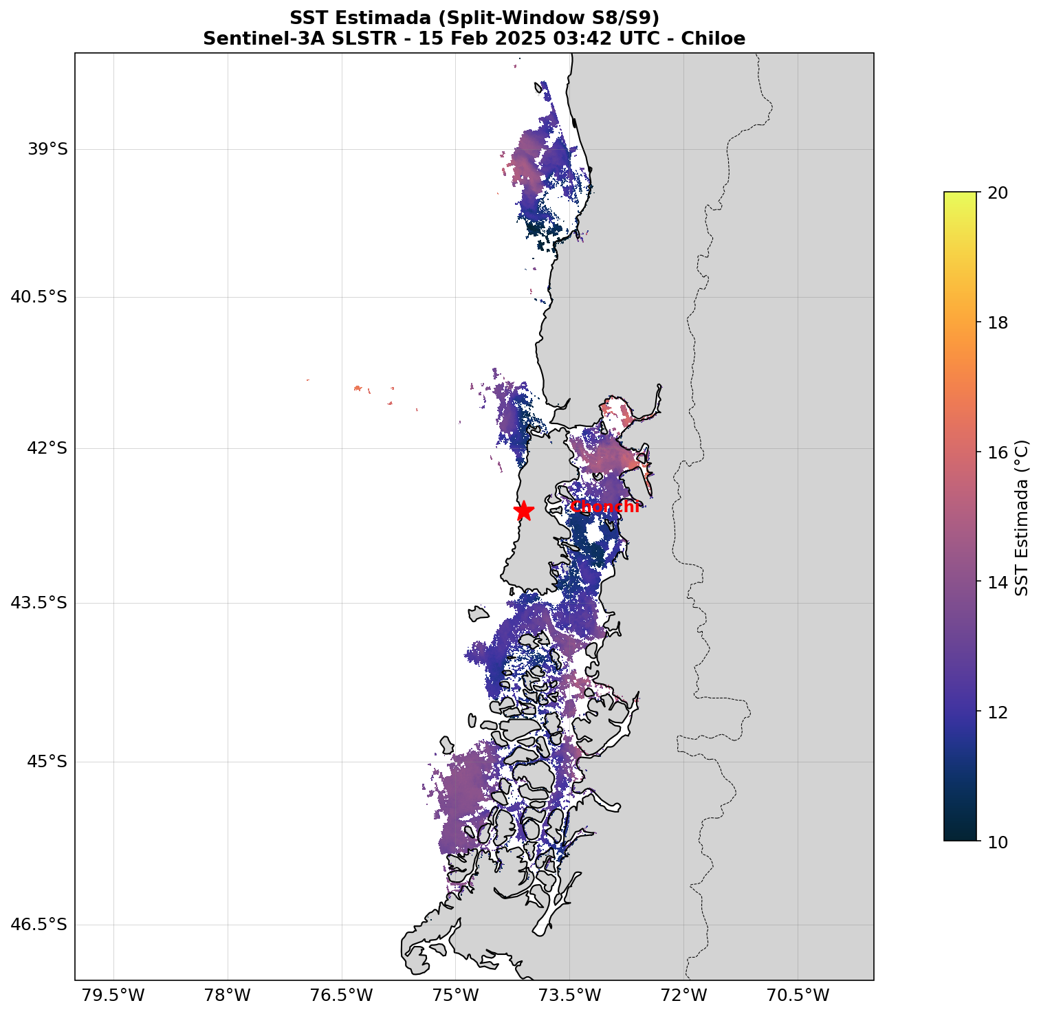 Mapa de temperatura superficial del mar frente a Chiloé, Sentinel-3 SLSTR, algoritmo split-window