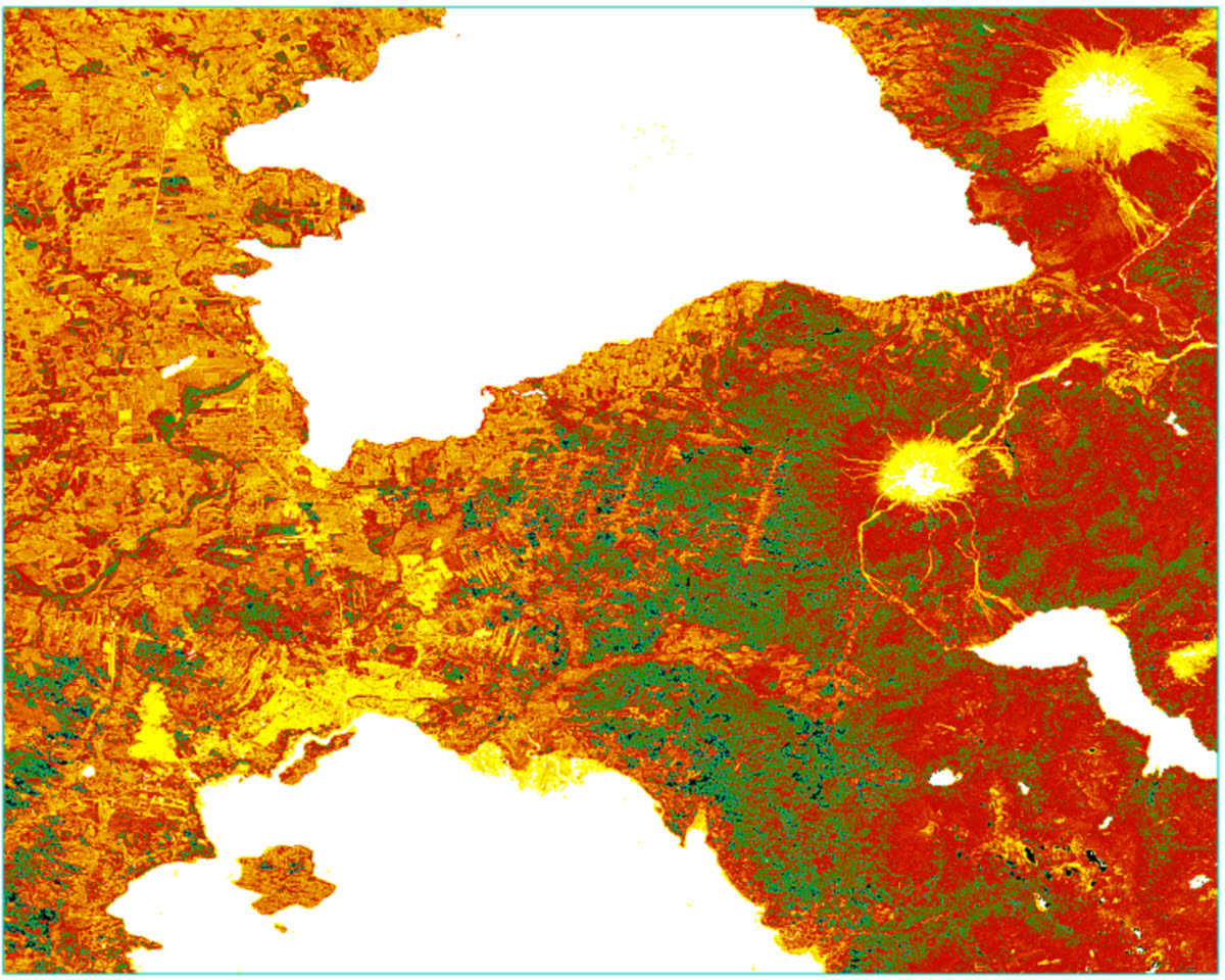 Mapa del índice espectral de basalto en la provincia de Llanquihue, Sentinel-2: colores cálidos indican mayor concentración de minerales basálticos detectados con análisis multiespectral.