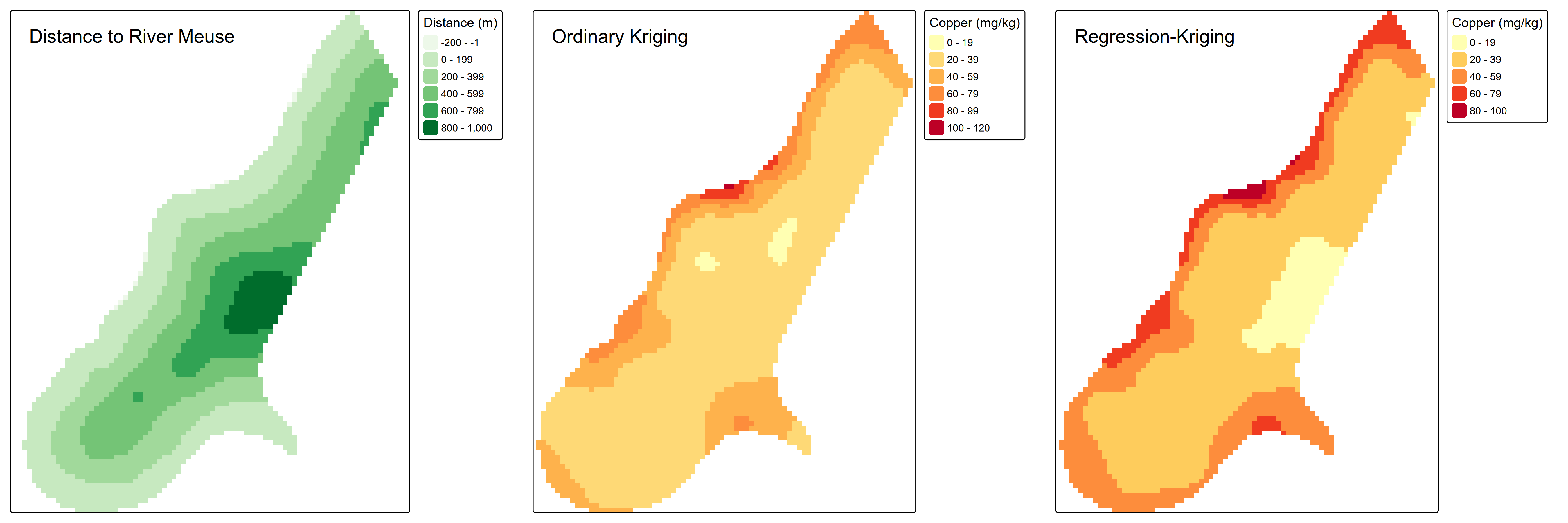 Tres mapas comparativos: distancia al río Meuse como covariable, predicción de Kriging Ordinario y predicción de Regression-Kriging