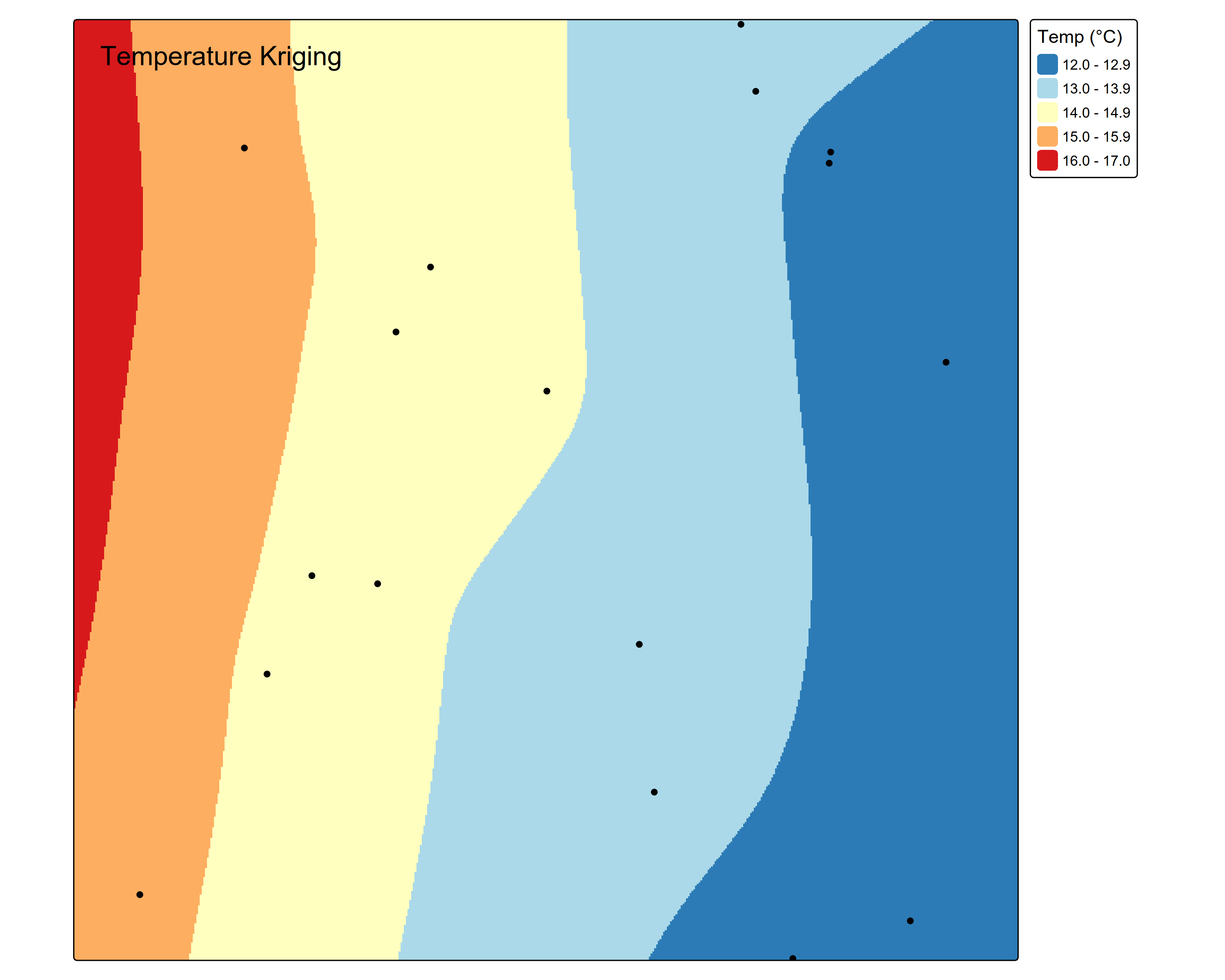 Mapa final de interpolación de temperatura mediante Regression-Kriging con elevación como predictor: valles cálidos y zonas montañosas frías