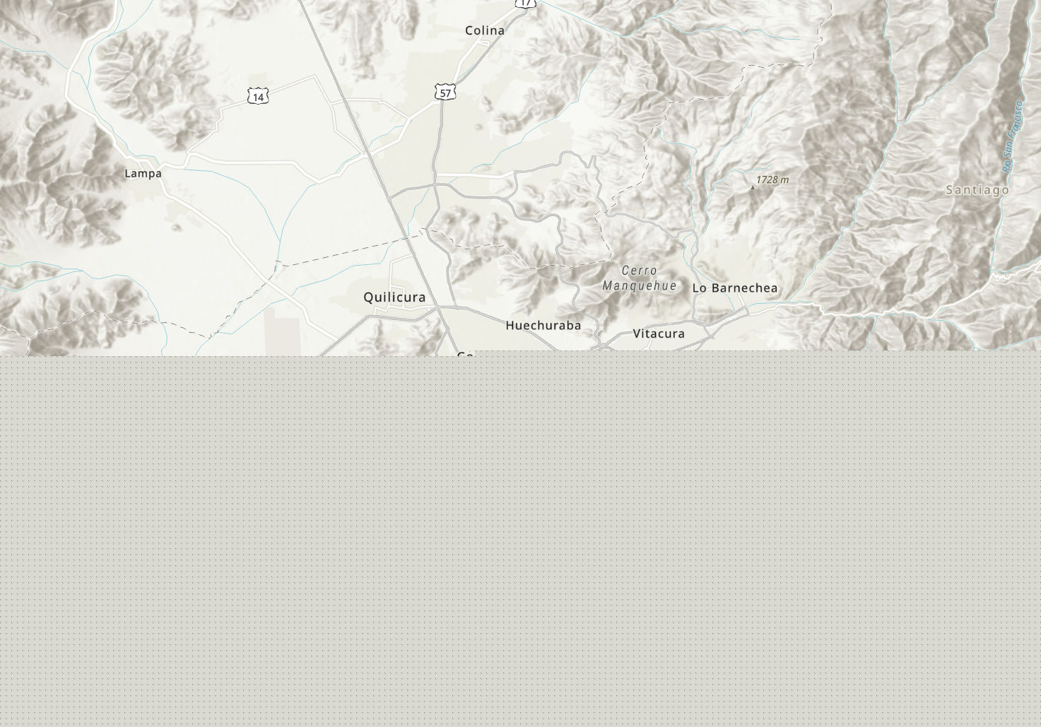 Mapa base topográfico del sector norte de la Región Metropolitana de Santiago, con nombres de lugares como Colina, Quilicura, Huechuraba, Lo Barnechea y Vitacura, sin límites comunales dibujados