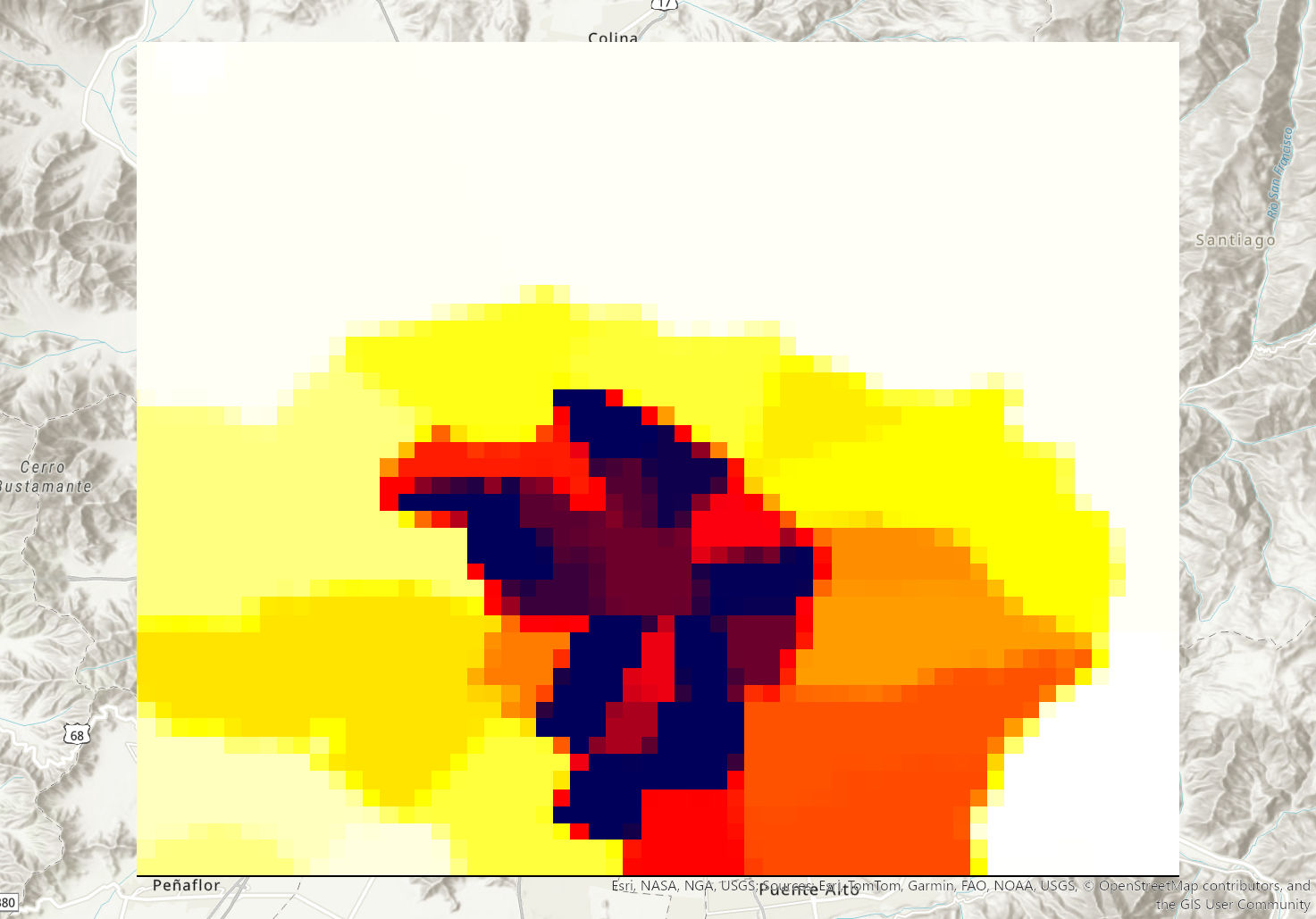 Mapa de densidad de población sobre el mismo rectángulo de estudio: una mancha irregular amarilla, naranja, roja y azul oscura cerca de Puente Alto, sin etiquetas de comuna