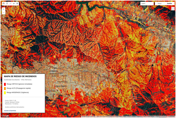 Mapa de Quebrada Escobares y Villa Alemana sobre imagen satelital: las laderas y quebradas alrededor de la
       ciudad aparecen coloreadas en rojo, naranjo y amarillo según el nivel de riesgo; el área urbana, al centro, queda
       en gris sin color. Abajo a la izquierda, la leyenda del mapa con los tres niveles.