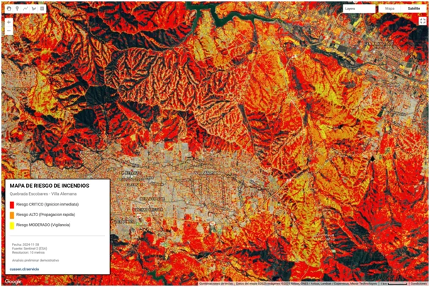 Mapa de Quebrada Escobares y Villa Alemana sobre imagen satelital: las laderas y quebradas alrededor de la
       ciudad aparecen coloreadas en rojo, naranjo y amarillo según el nivel de riesgo; el área urbana, al centro, queda
       en gris sin color. Abajo a la izquierda, la leyenda del mapa con los tres niveles.